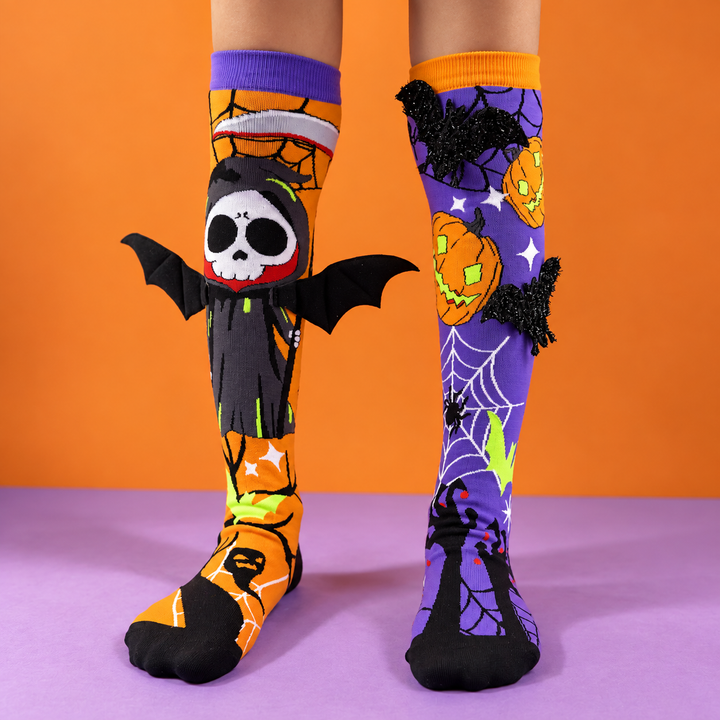 3D Bat and Pumpkin Halloween Novelty Socks Mismatched Pair