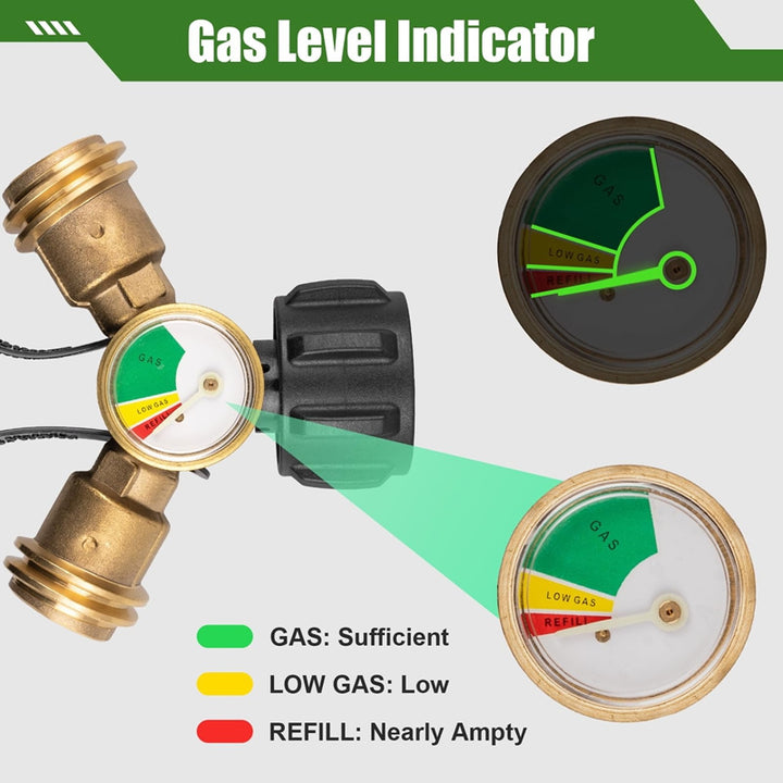 Propane Tank Y Splitter with Gauge and Shut Off Valve 2 Way LP Gas Adapter