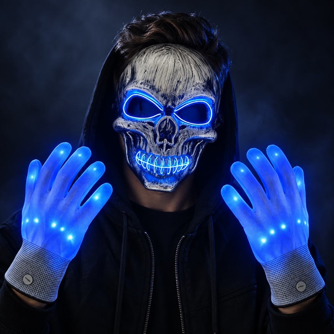 LED Skull Mask and Light Up Gloves Set Halloween Costume Accessory