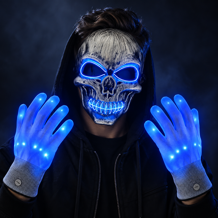 LED Skull Mask and Light Up Gloves Set Halloween Costume Accessory