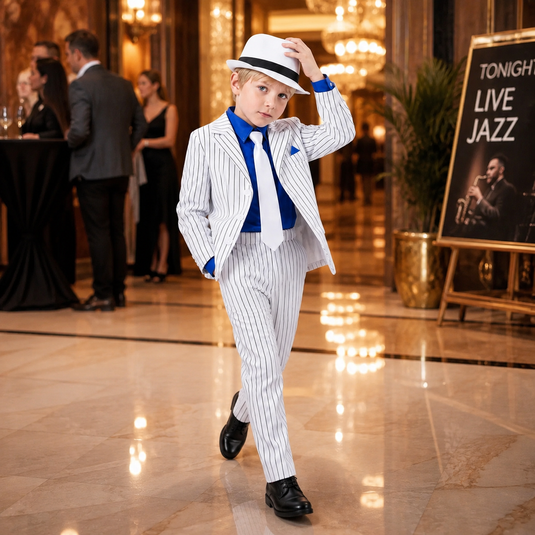 Boys Pinstripe Suit Costume with Hat and Tie Vintage Style Outfit