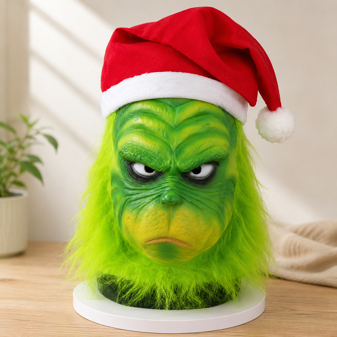 Grinch Latex Mask with Santa Hat Christmas Costume Accessory