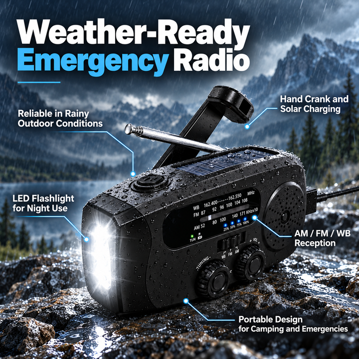 Compact Emergency Radio Hand Crank Solar USB C 2000mAh Flashlight SOS