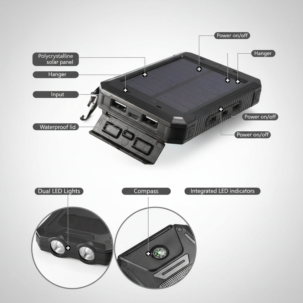 Solar Power Bank Portable Phone Charger Waterproof For Camping