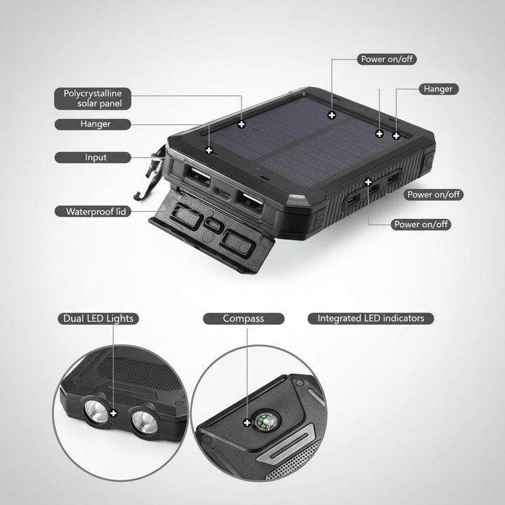 Solar Power Bank Portable Phone Charger Waterproof For Camping