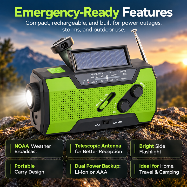 Emergency Weather Radio 5 Way Power Solar Crank AAA 2000mAh Flashlight