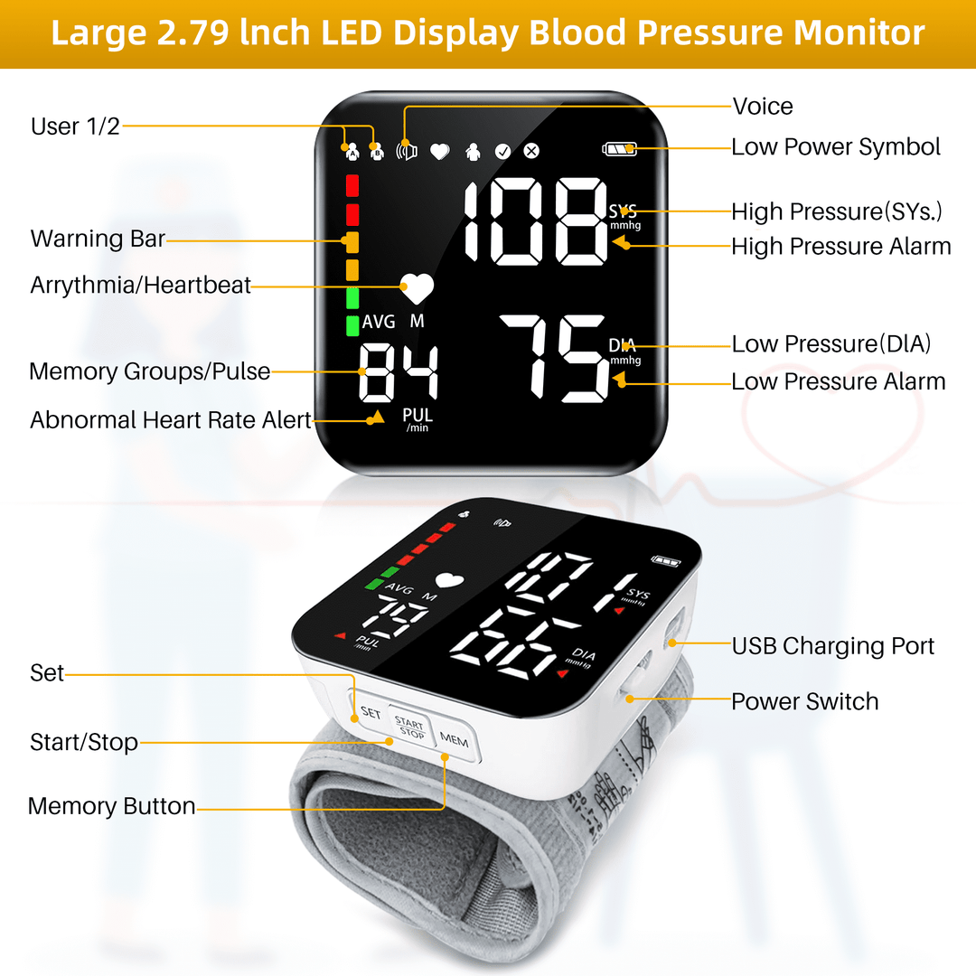 Automatic Wrist Blood Pressure Monitor with Adjustable Cuff and Large LCD Display