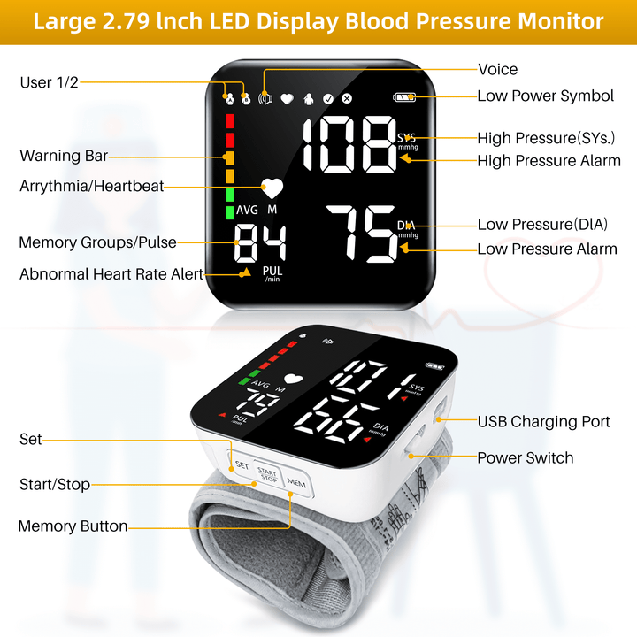 Automatic Wrist Blood Pressure Monitor with Adjustable Cuff and Large LCD Display