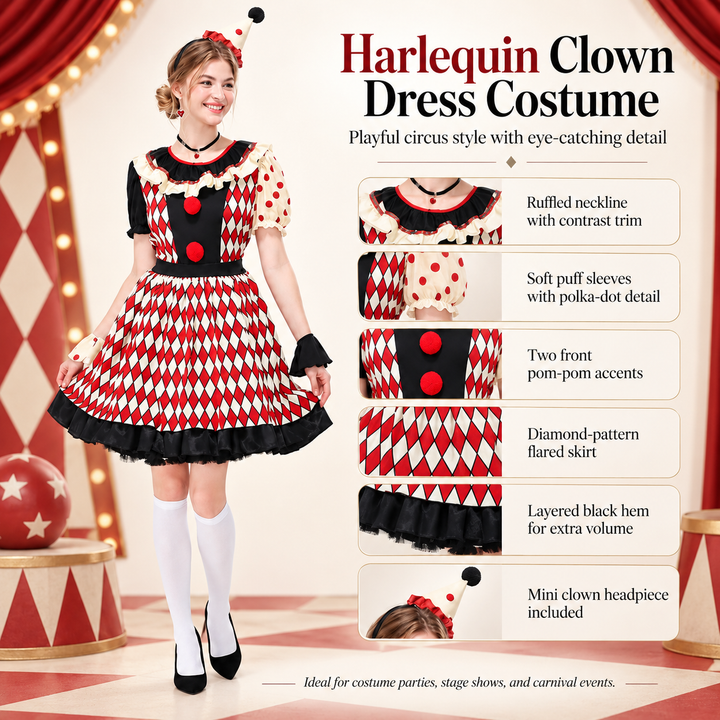 Couples Clown Costume Set Men Women Retro Circus Outfit with Hat