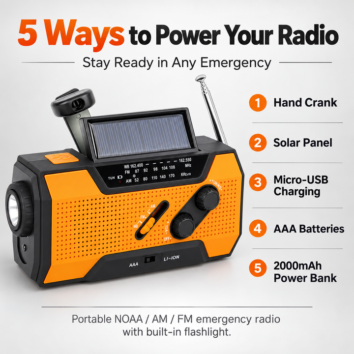 Emergency Weather Radio 5 Way Power Solar Crank AAA 2000mAh Flashlight
