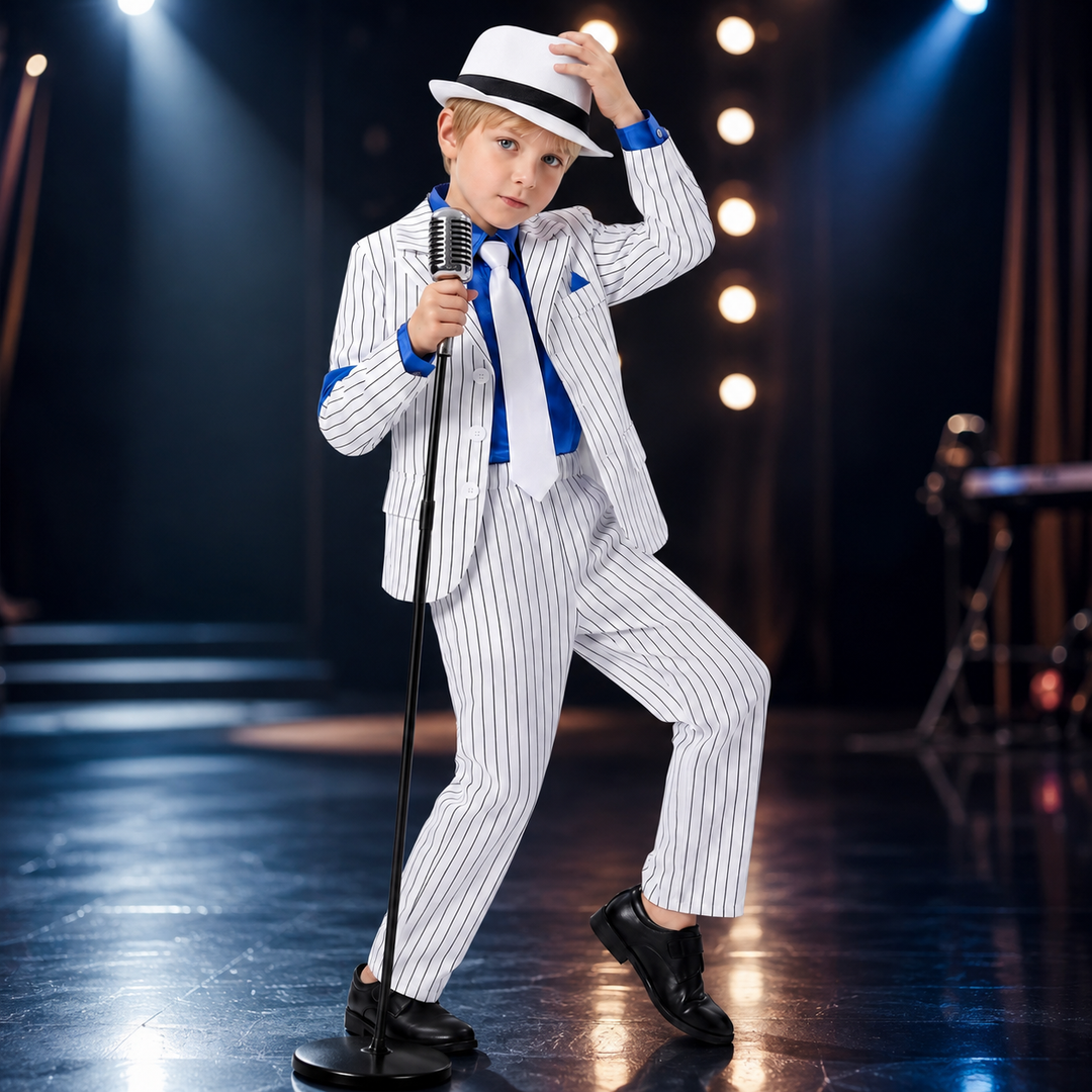 Boys Pinstripe Suit Costume with Hat and Tie Vintage Style Outfit