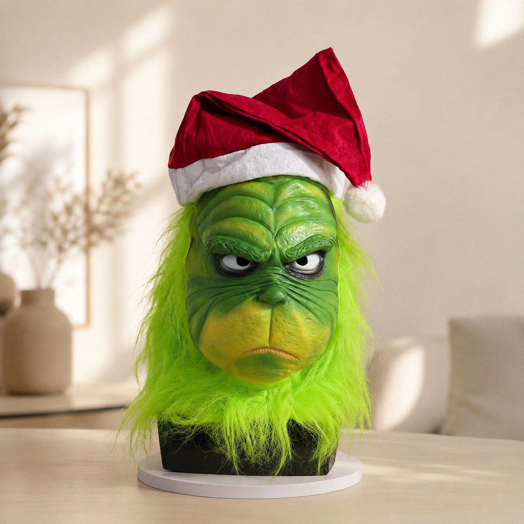 Grinch Latex Mask with Santa Hat Christmas Costume Accessory