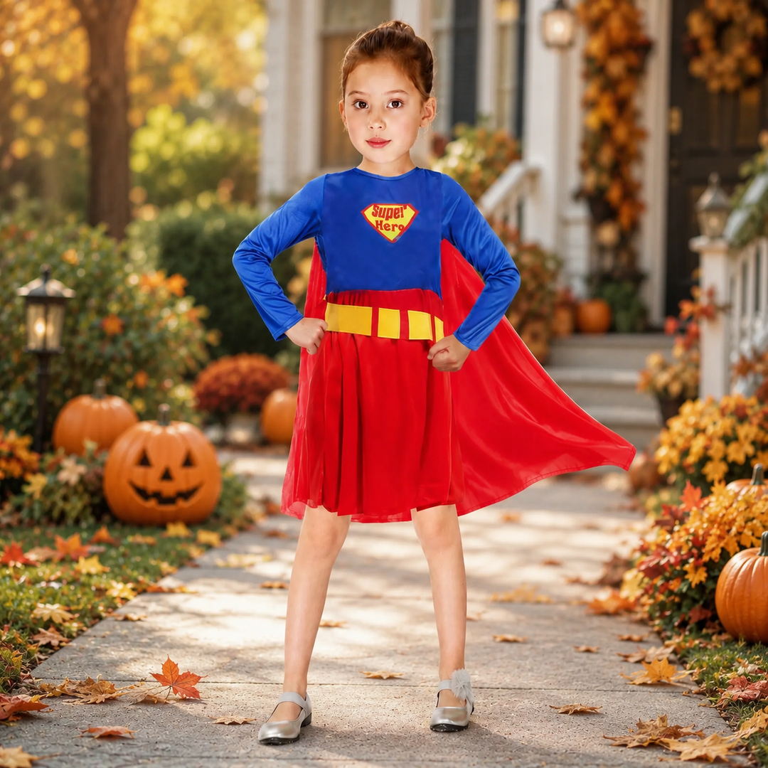 Girls Superhero Costume Dress with Cape Halloween Costume