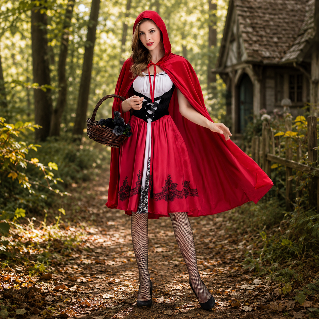 Women’s Hooded Cape Dress Halloween Cosplay Costume Little Red Riding Hood