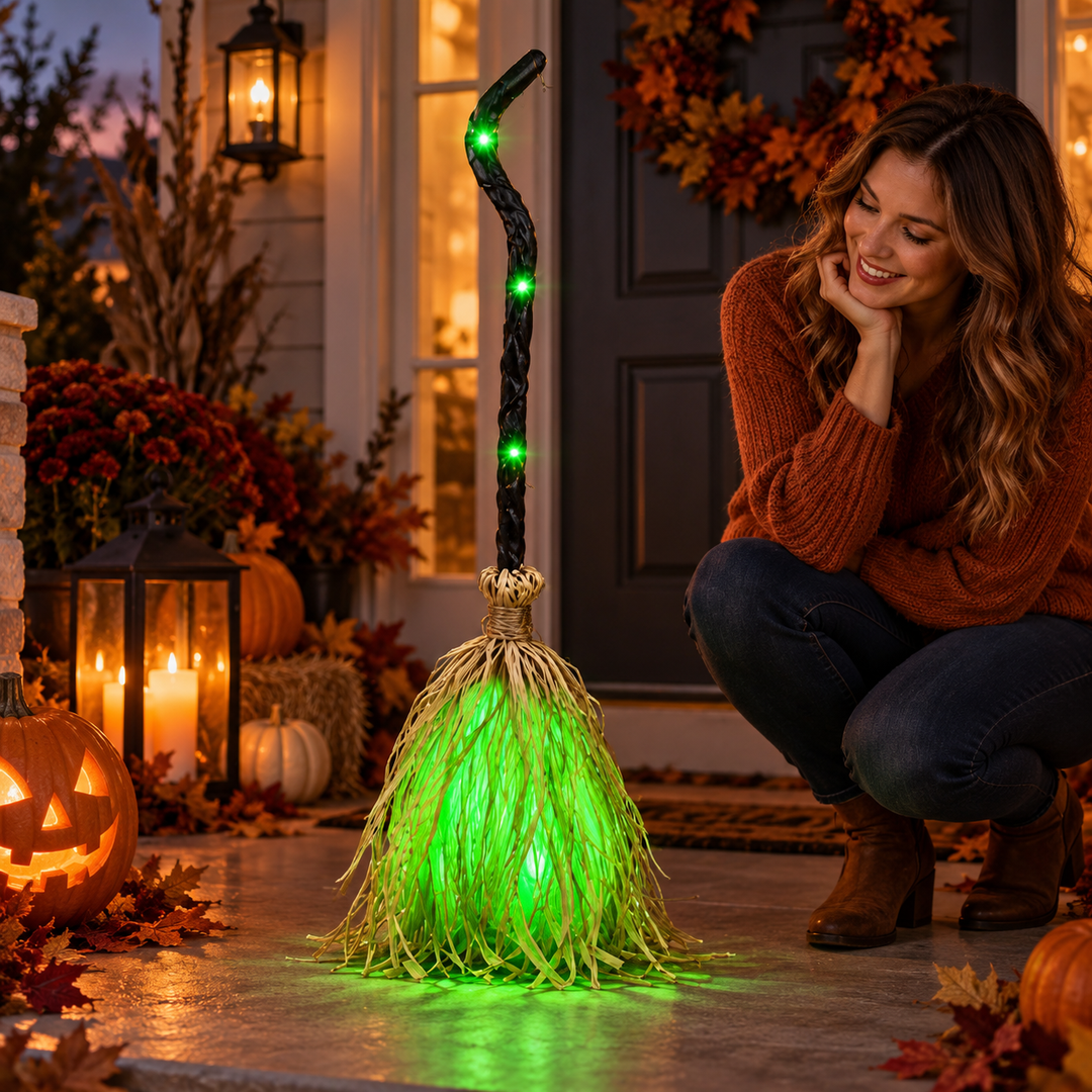 Animated Light Up Halloween Witch Broom Prop Decoration