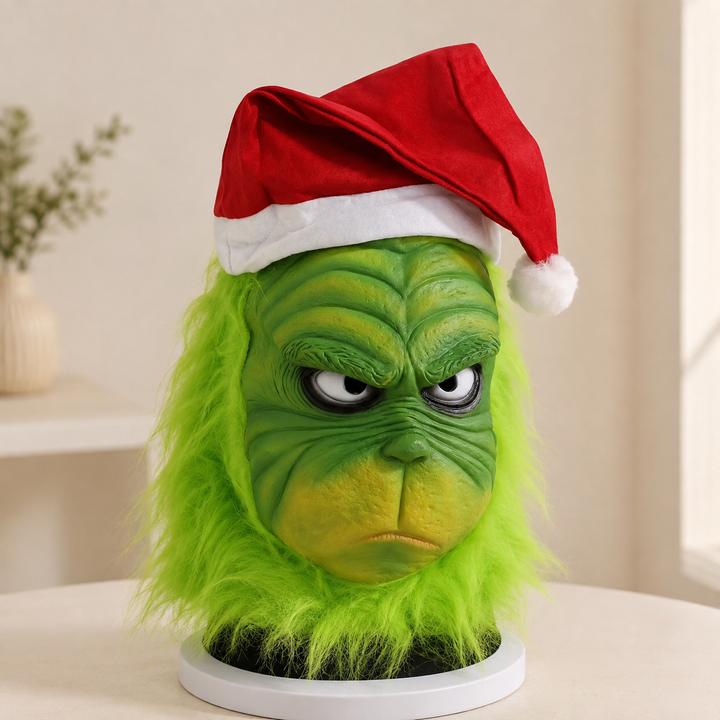 Grinch Latex Mask with Santa Hat Christmas Costume Accessory