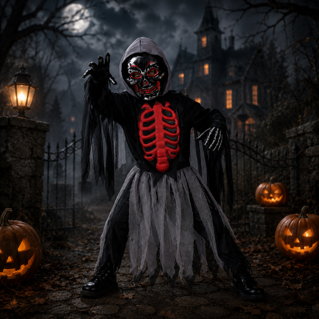 Kids Grim Reaper Skull Cape Costume Halloween Horror Cosplay Cape