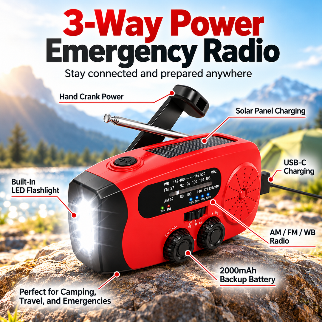Compact Emergency Radio Hand Crank Solar USB C 2000mAh Flashlight SOS