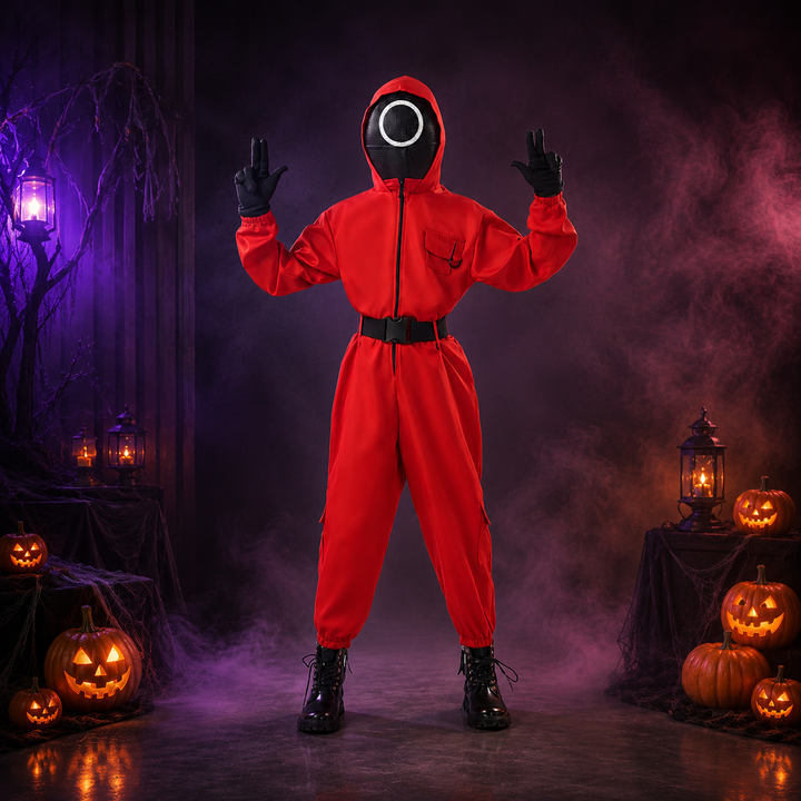 Kids Squid Game Guard Jumpsuit Costume with Mask Halloween Cosplay Set