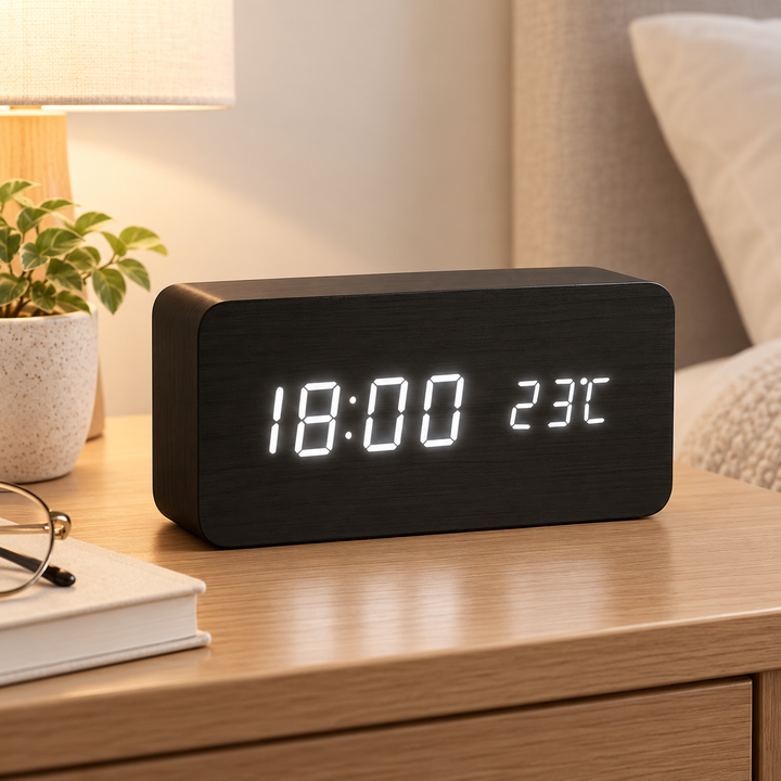 Digital LED Wooden Clock Modern Alarm Clock for Bedroom