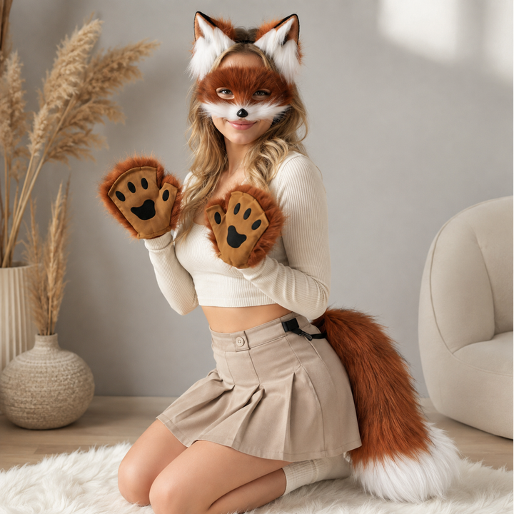 Fox Costume Set with Ears Tail Mask and Gloves Halloween Cosplay