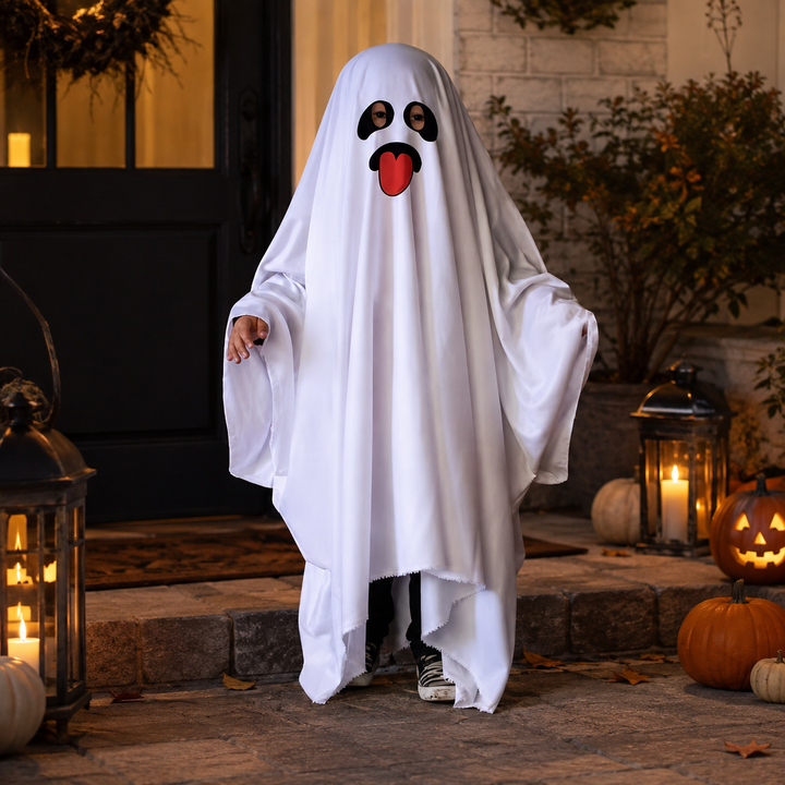 Kids Ghost Halloween Sheet Costume with Face Design