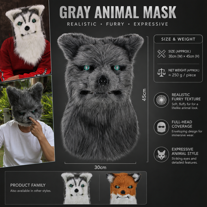 Fox Animal Head Mask with Moving Mouth for Halloween Costume