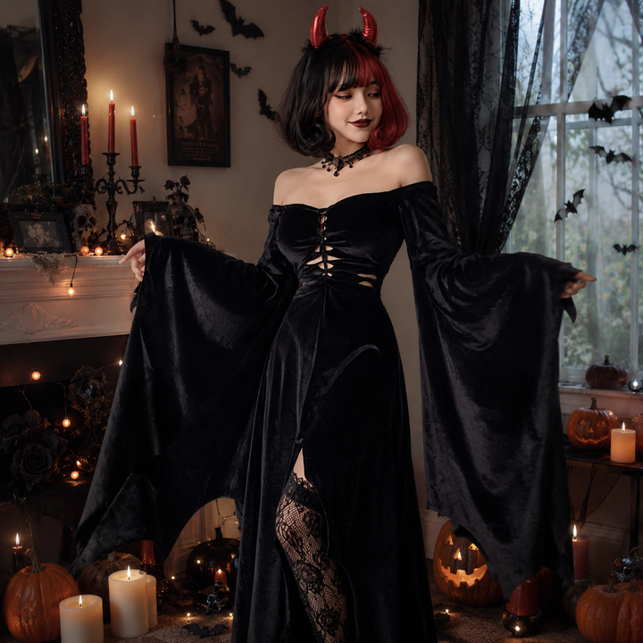 Womens Gothic Witch Halloween Vampire Grim Reaper Long Dress Costume Set