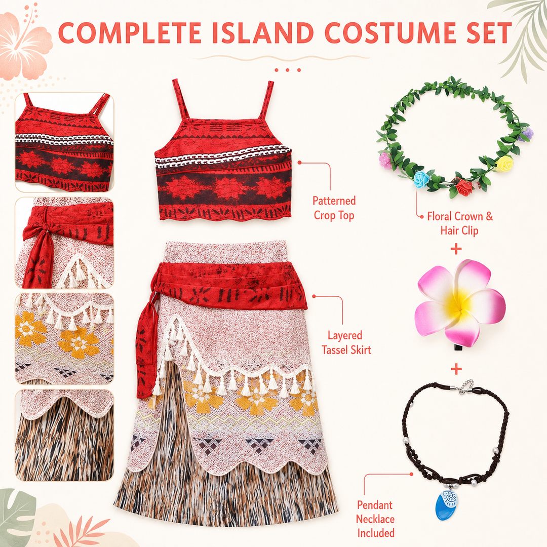 Girls Moana Princess Costume Dress Set Halloween Dress-Up