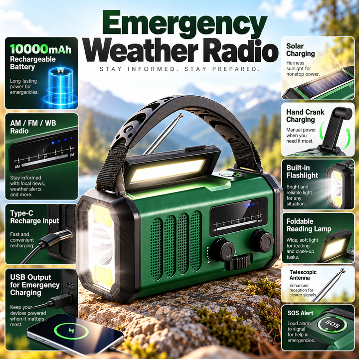 Wind Up Emergency Radio 10000mAh Solar 135lm Flashlight Reading Lamp