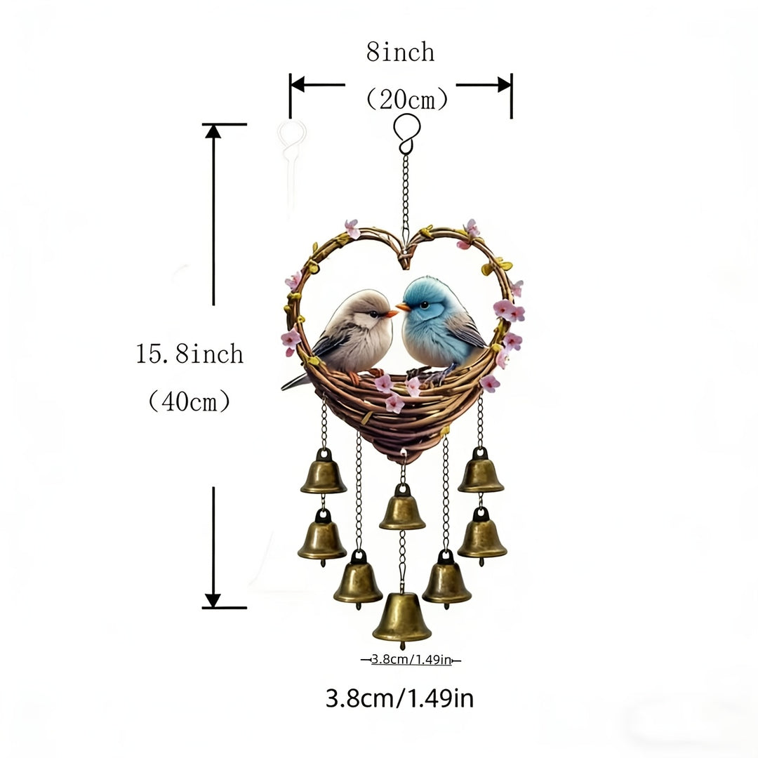Heart Shaped Bird Wind Chime with Bells Metal Garden Hanging Decor