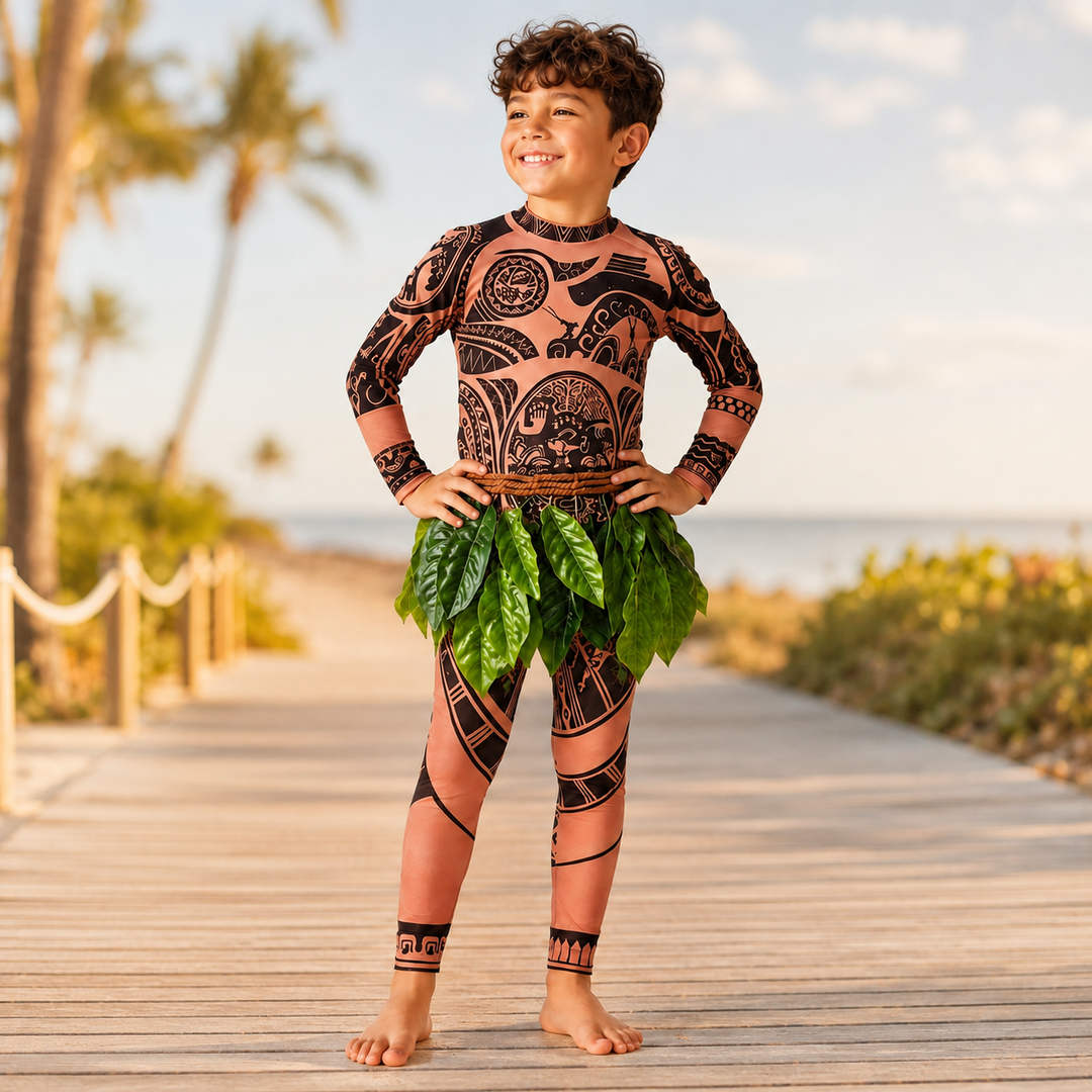 Maui Costume with Tattoo Print and Leaf Skirt Halloween Costume