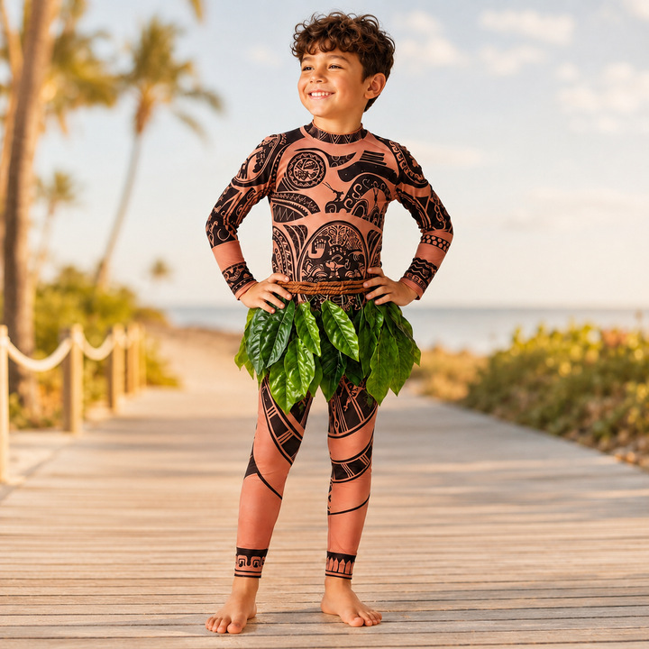 Maui Costume with Tattoo Print and Leaf Skirt Halloween Costume