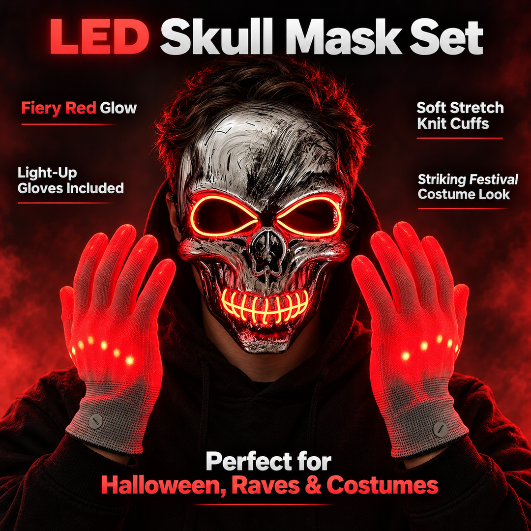 LED Skull Mask and Light Up Gloves Set Halloween Costume Accessory