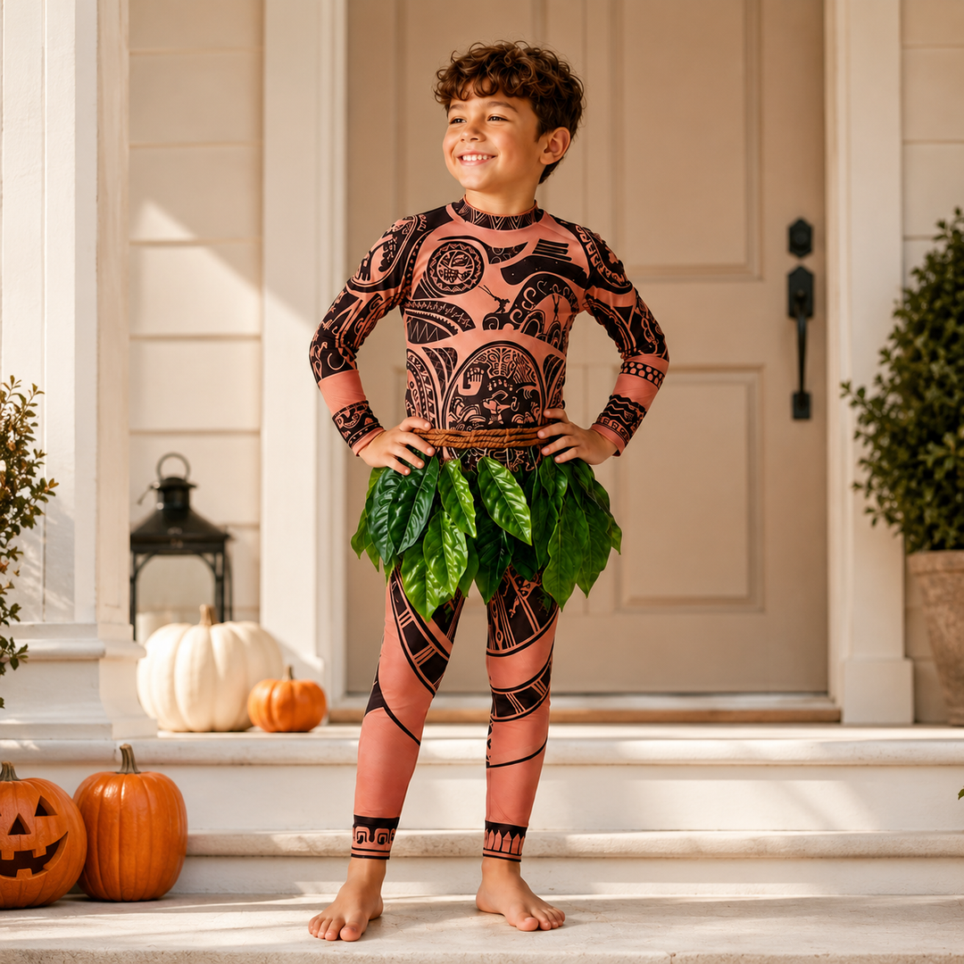 Maui Costume with Tattoo Print and Leaf Skirt Halloween Costume