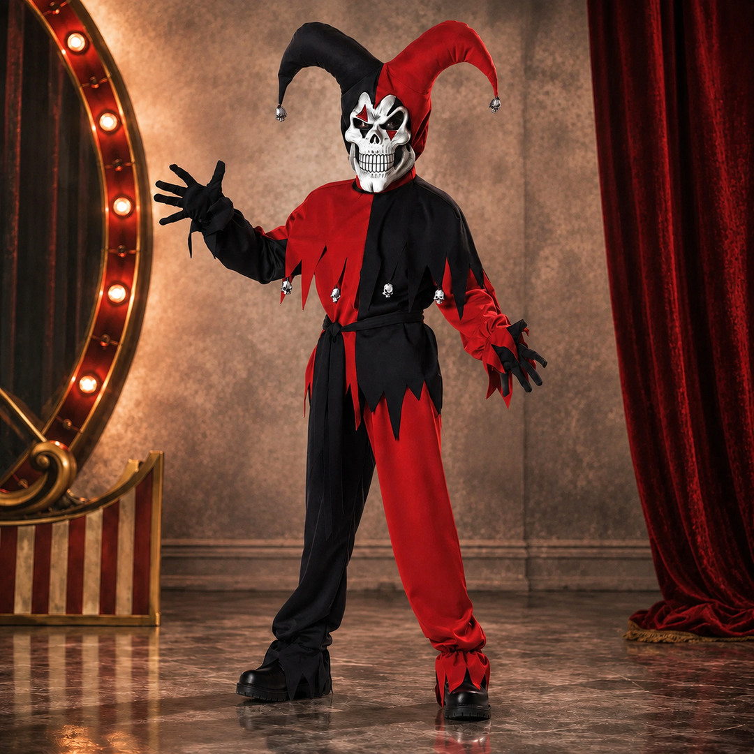 Court Jester Harlequin Costume with Skull Staff Halloween Outfit
