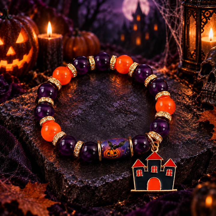 Halloween Crystal Bead Pendant Bracelet with Bat Pumpkin Ghost Castle Charms