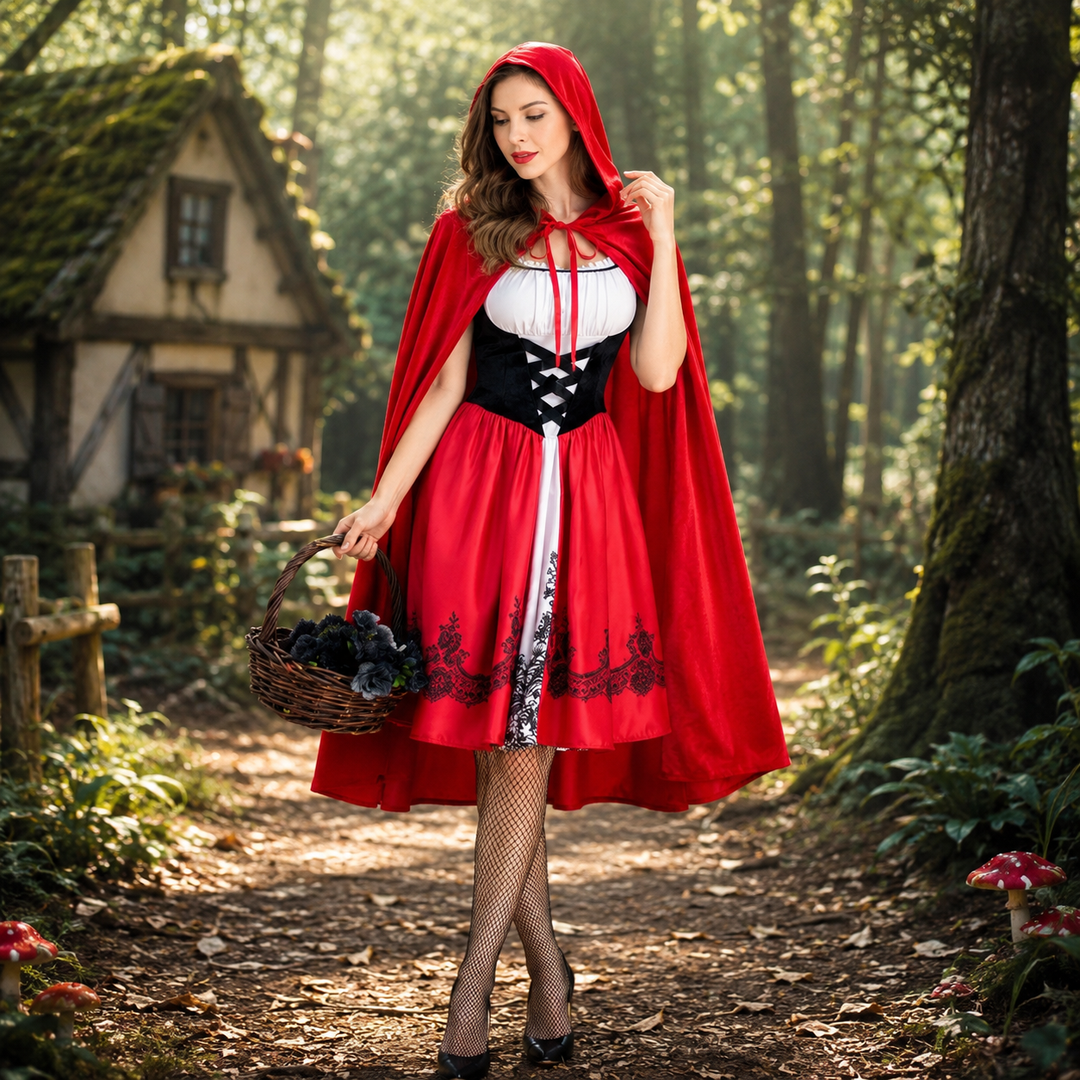 Women’s Hooded Cape Dress Halloween Cosplay Costume Little Red Riding Hood