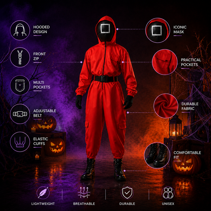 Kids Squid Game Guard Jumpsuit Costume with Mask Halloween Cosplay Set