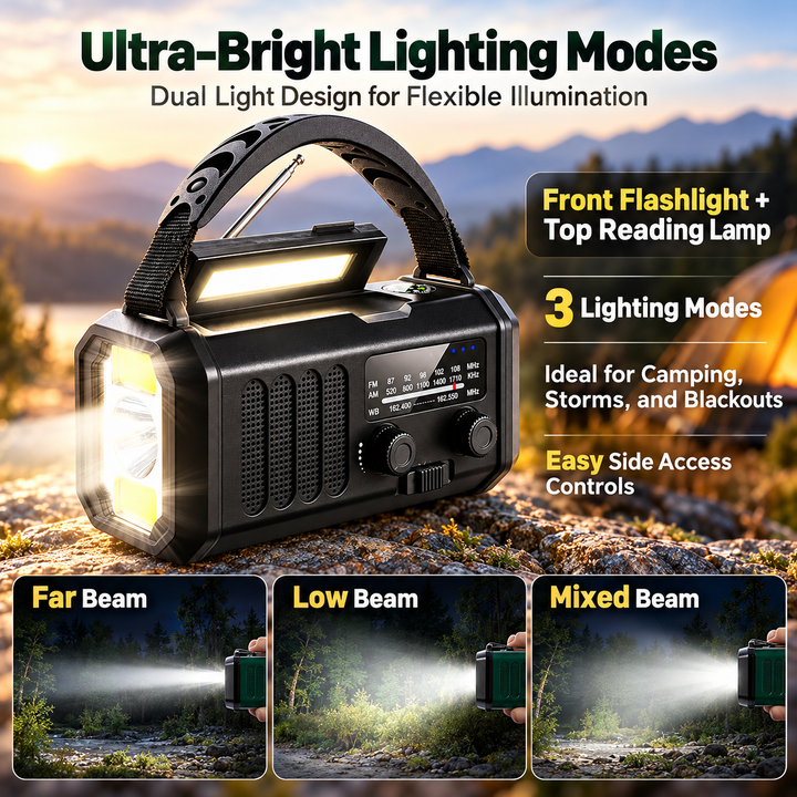 Wind Up Emergency Radio 10000mAh Solar 135lm Flashlight Reading Lamp