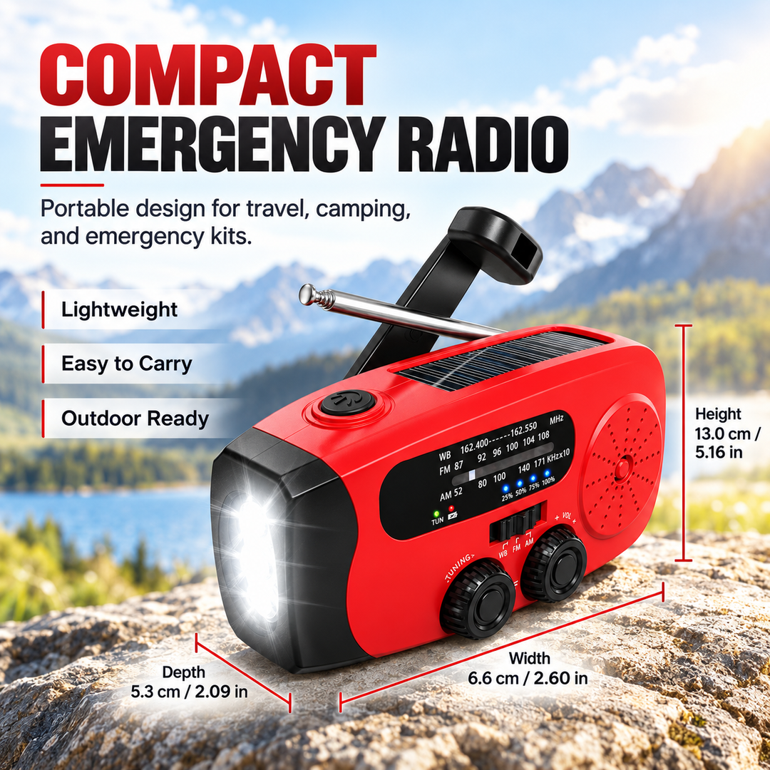 Compact Emergency Radio Hand Crank Solar USB C 2000mAh Flashlight SOS