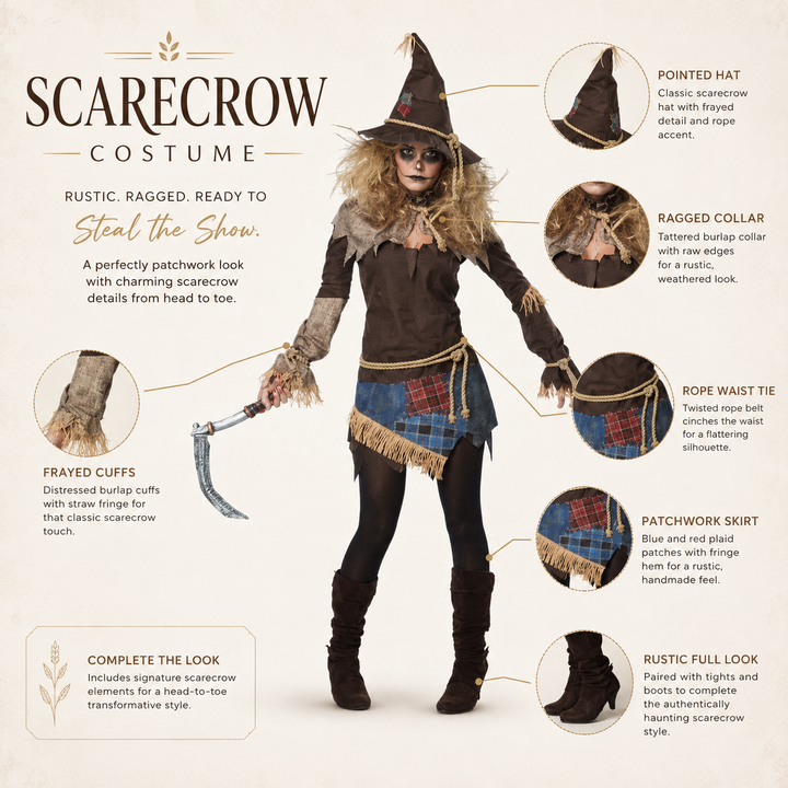 Women’s Scarecrow Costume with Hat Halloween Costume Set