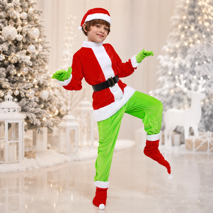 Kids Grinch Costume Set with Gloves and Santa Suit