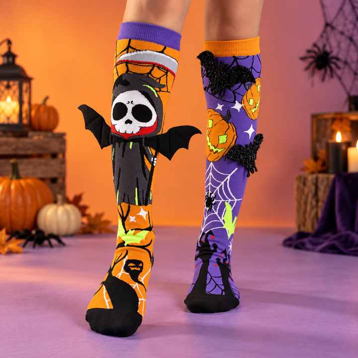 3D Bat and Pumpkin Halloween Novelty Socks Mismatched Pair