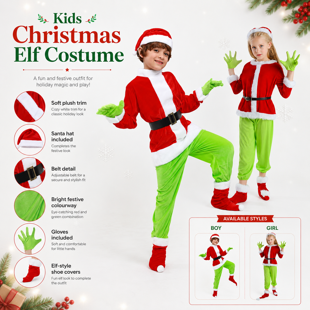 Kids Grinch Costume Set with Gloves and Santa Suit