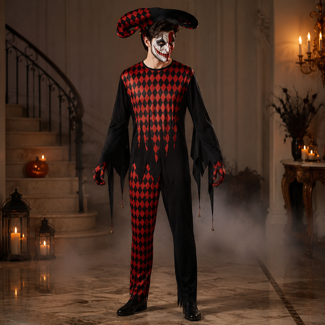 Evil Jester Hooded Mask Halloween Costume Set