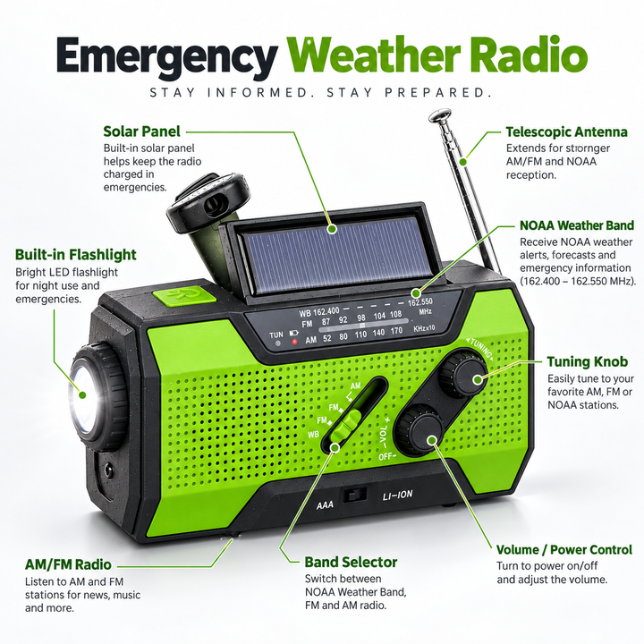 NOAA Weather Radio 5 Way Power Crank Solar AAA Power Bank Flashlight