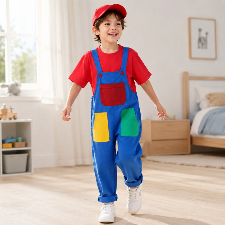 Kids Costume Overalls Set with Cap for Video Game Character