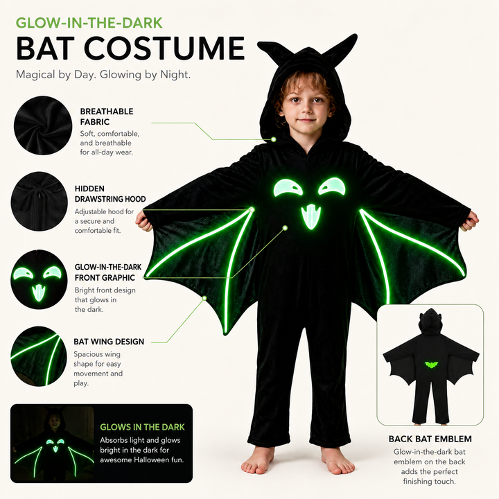 Kids Bat Cape Cloak Halloween Costume Glow in the Dark