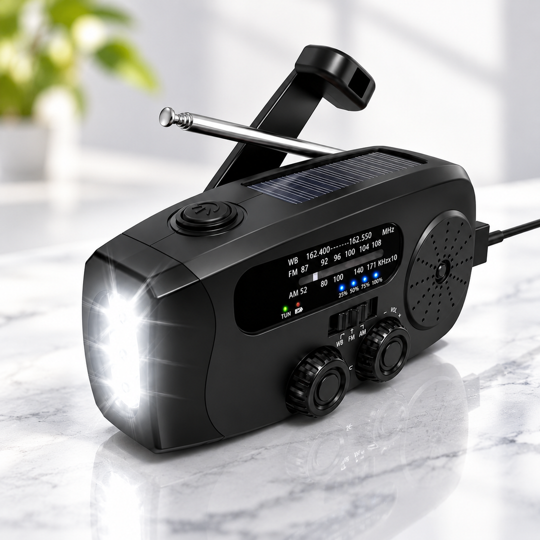Compact Emergency Radio Hand Crank Solar USB C 2000mAh Flashlight SOS